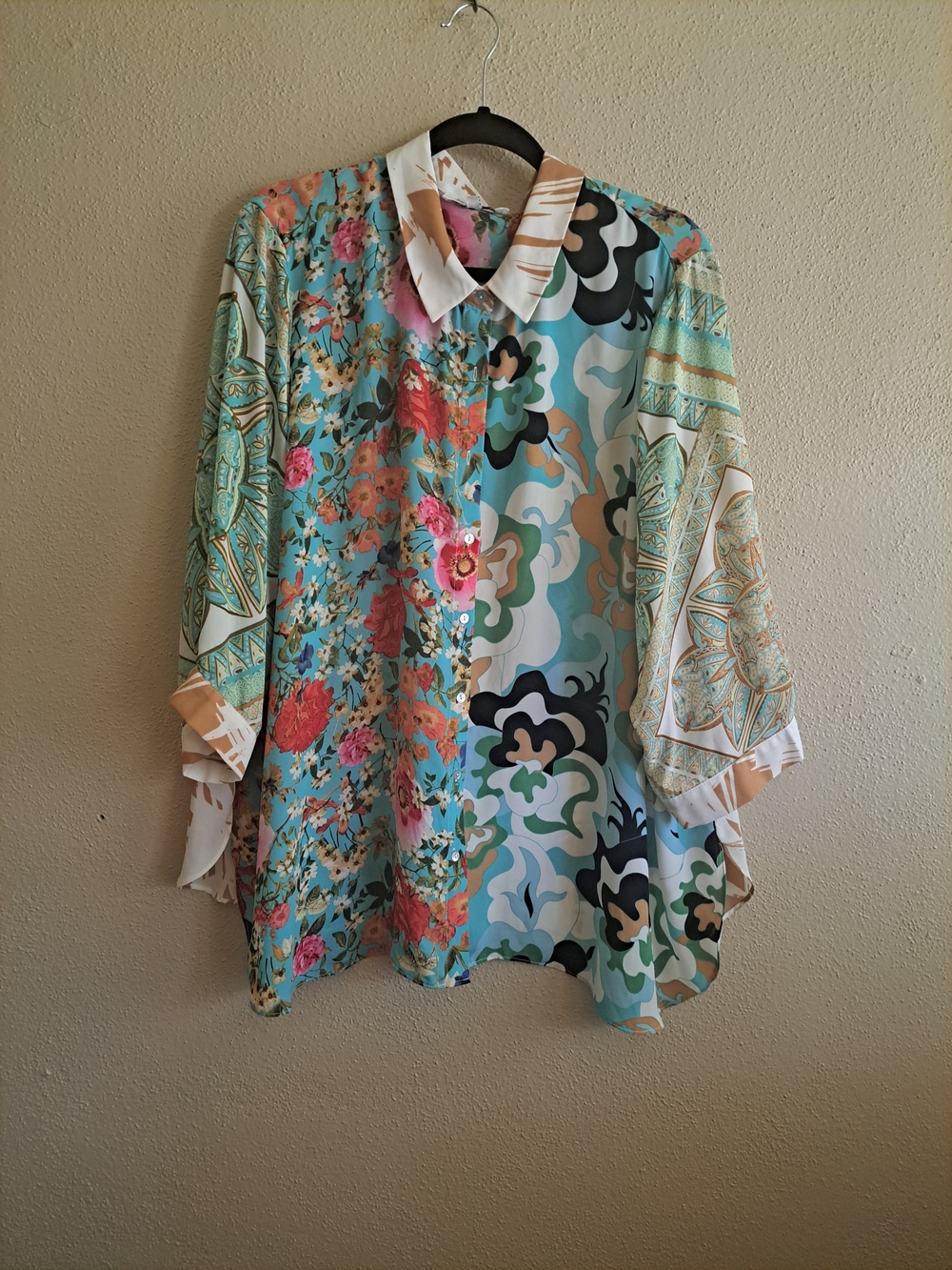 Silky Turquoise Mixed-Print Button-Up Blouse - Picture 5 of 10